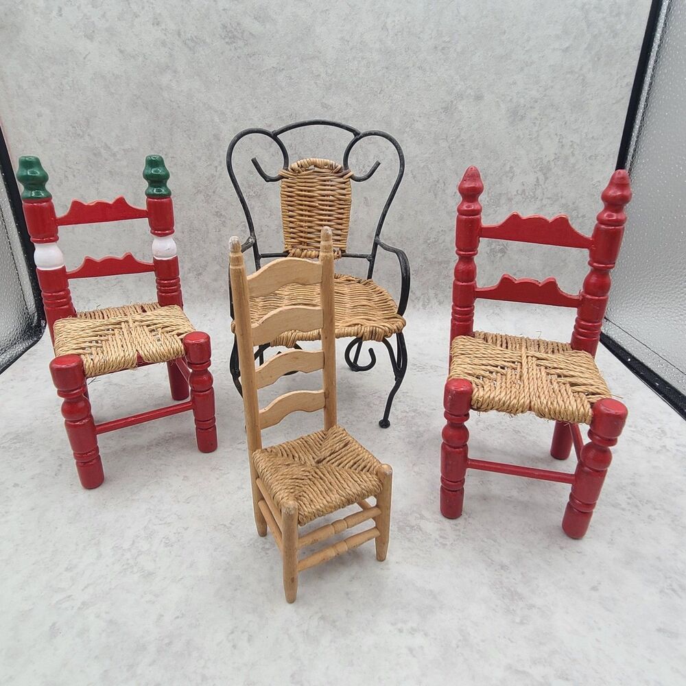 Lot of 4 Mini Chairs Doll Size Ladder Back, Wicker, Metal Dollhouse Furniture